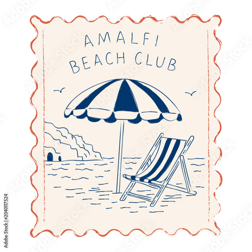 Vintage Amalfi Coast postage stamp featuring a striped deck chair and beach umbrella on the Mediterranean coast