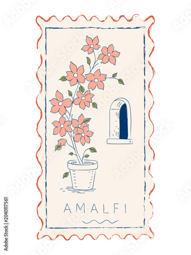 Vintage Amalfi Coast postage stamp featuring blooming flowers in a pot and a Mediterranean window in Italian style