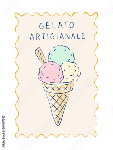 Vintage Amalfi Coast postage stamp featuring artisan gelato ice cream in traditional Italian summer style