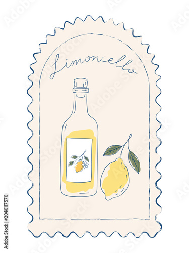 Vintage Amalfi Coast postage stamp featuring limoncello bottle and lemon branch in Mediterranean Italian style