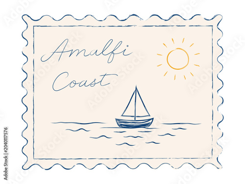 Vintage Amalfi Coast postage stamp featuring a sailboat on the Mediterranean Sea with summer coastal scenery