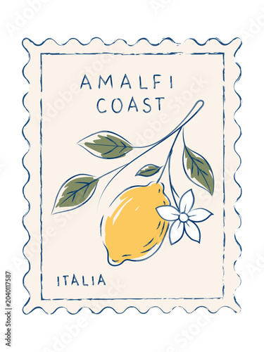 Vintage Amalfi Coast postage stamp featuring a lemon branch with blossom in Mediterranean Italian style