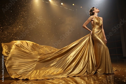 Luxury Fashion Portrait in Flowing Golden Silk Gown