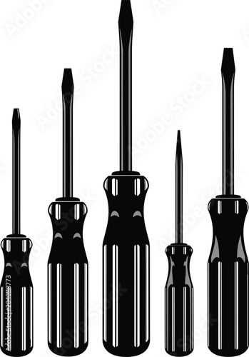 Black silhouette of various screwdrivers on a white background for industrial design