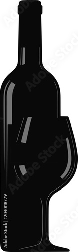 Black silhouette of wine bottle with glass on white background for label design