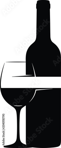 Black silhouette of wine bottle and glass on white background for label design