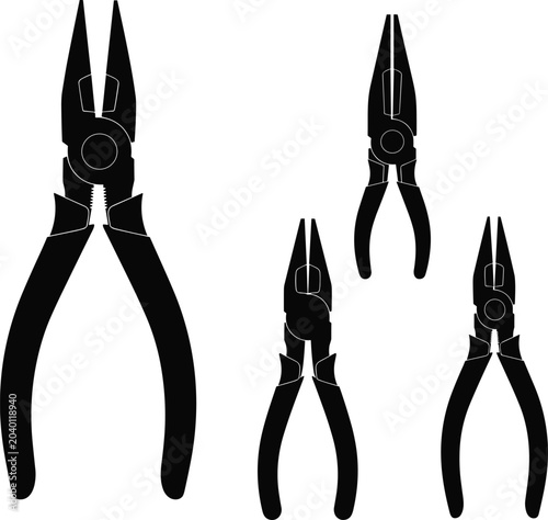Set of black silhouette pliers on a white background for tools