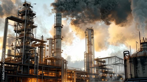 A dramatic view of an industrial petrochemical complex against a twilight sky, dominated by towering structures and multiple smokestacks expelling dense, dark plumes. The scene captures the raw power 