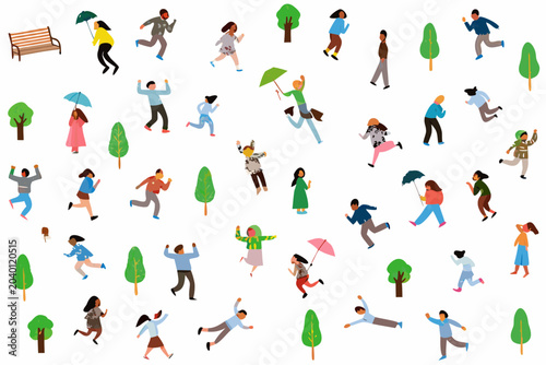 People Trees And Park Benches A Colorful Vector Illustration