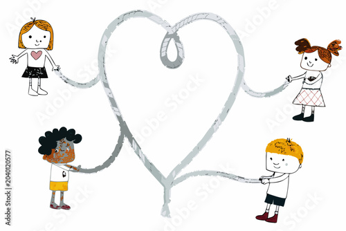 Slika na platnu Children Holding A Heart Shape Hand Drawn Vector Illustration On White Backgroun