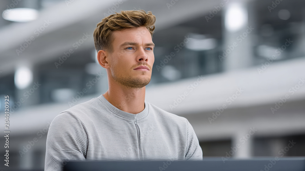 Fototapeta premium Young adult man office modern workspace professional focused technology casual male employee business workplace confident