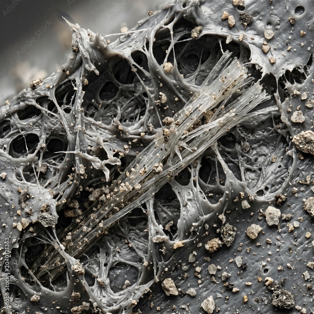 Fototapeta premium Abstract Microscopic View Of Shredded Asbestos Fibers Embedded In Fused Gray Plastic Material, Photorealistic Illustration