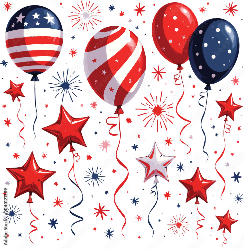 Obraz premium Patriotic Balloons And Fireworks A Vector Illustration On A White Background