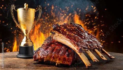 grilled barbecue ribs with golden trophy and sparks in background