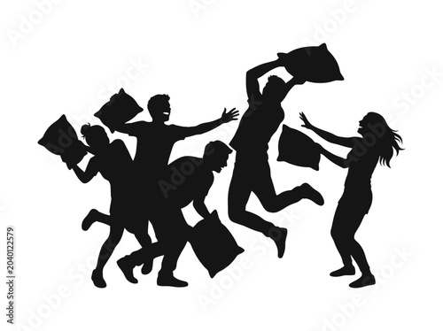 Tableau sur toile pillow fight silhouette on white background people