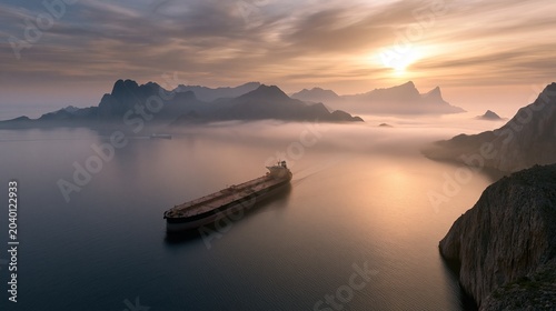 Large cargo ship crossing a misty mountain bay at sunset, ideal for maritime trade, logistics and transport storytelling