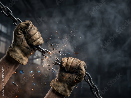 Worker wearing heavy duty gloves breaking a metal chain in a dark industrial workshop setting