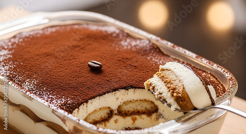 Tiramisu dessert with cocoa powder and coffee beans sits in a glass dish for a sweet indulgence.