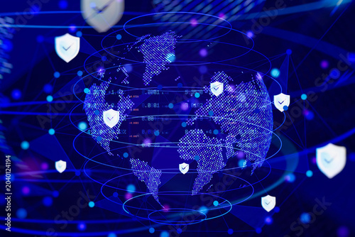 Foto Digital planet earth globe covered with data numbers surrounded by blue network lines and glowing white security shield icons