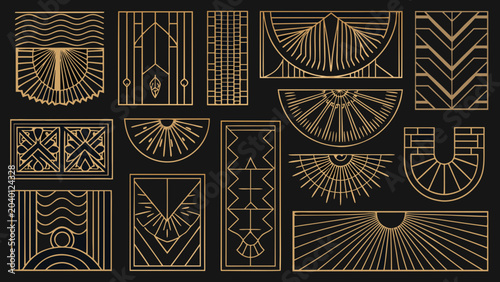 Geometric art deco pattern with radiating lines and angular shapes on a black background vector illustration gold repeating motif abstract design