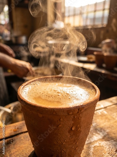 Authentic doodh patti chai in clay kulhad cup with rising steam