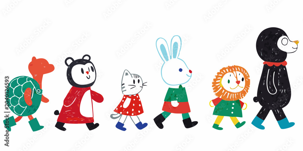 Obraz premium Anthropomorphic Animals In A Row Colorful Vector Illustration