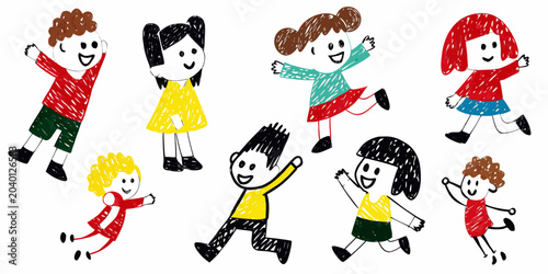 Billede på lærred Children s drawing of diverse group in dynamic poses vector illustration