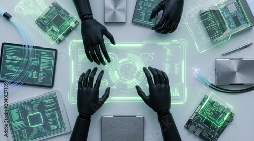 Hands interacting with technology interface surrounded by digital devices