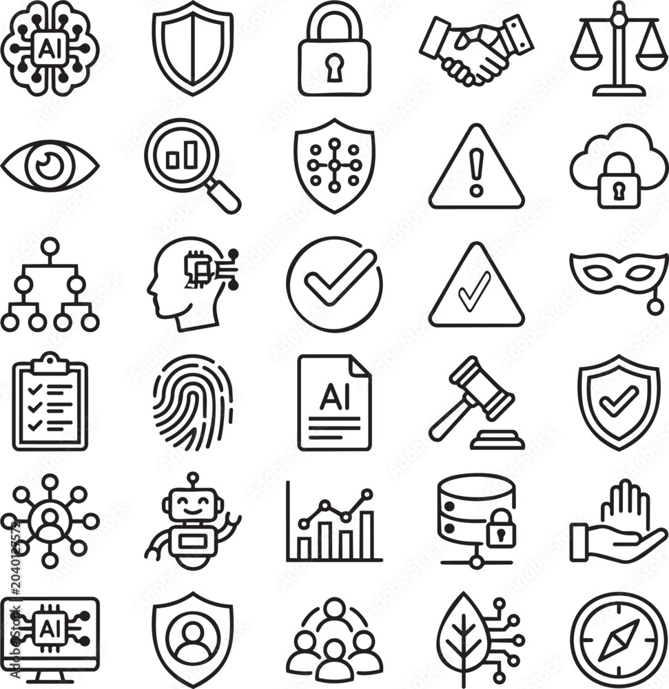Fototapeta premium AI Ethics Line Icons Set – 30 Minimal Black Outline Vector Icons for Responsible AI, Technology Governance, SaaS Dashboards & Business Platforms UI UX