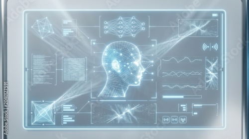 Futuristic digital interface displaying human head silhouette and data