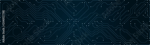 Dark blue digital circuit board pattern with white dots and thin light blue lines technology abstract