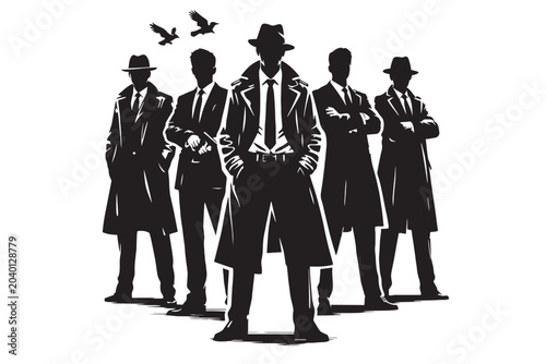 Vintage noir detective silhouette group, mysterious men in trench coats and fedoras, cinematic mafia gang vector illustration, secret agent team