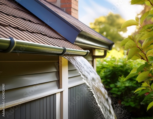 ai generator images of water flowing from the house s rain gutters whether overflowing or experiencing slow drainage may be due to blockages from leaves or debris in the gutters or improper install