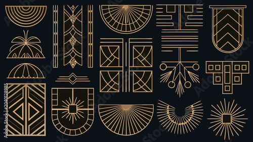 Geometric art deco patterns a collection of golden line illustrations on a dark background pattern lines illustration vector decorative element ornate