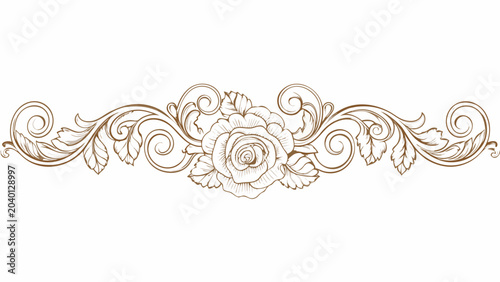 Floral ornament with rose and leaves a detailed brown vector illustration on a white background acanthus arabesque art nouveau beige botanical branch