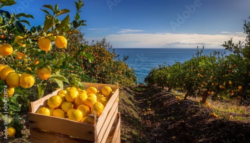 fresh lemon harvest on a breezy afternoon at a coastal orchard with scenic views