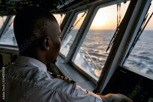 Ship officer viewing sunset from a vessel bridge, ideal for marine navigation, maritime transport and leadership storytelling content.