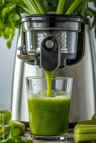 There is a green juice being poured into a glass next to celery and celery stalks