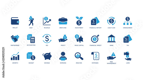 Collection of blue business finance icons on white background