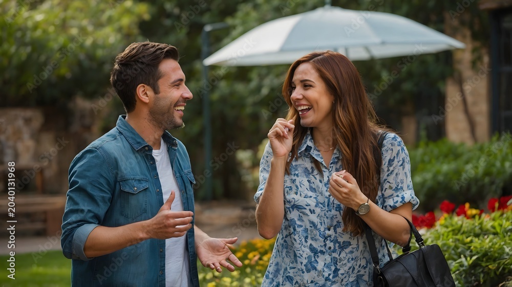 Fototapeta premium Happy Couple Engaging in Lively Conversation Amidst Lush Garden Setting on a Sunny Day