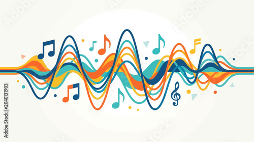 A dynamic flat design illustration featuring an abstract composition of colorful, overlapping sound waves and musical notes, perfectly capturing the vibrant energy and rhythm of a music festival. 