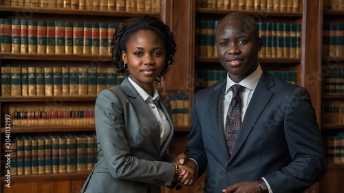 Professional Young Businesswoman and Businessman Shaking Hands in Law Office with Bookshelves