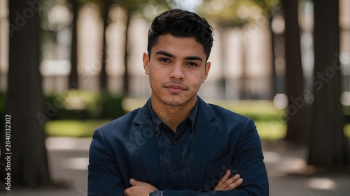 Confident Young Man in Stylish Suit Posing Outdoors Surrounded by Trees in Urban Park Setting