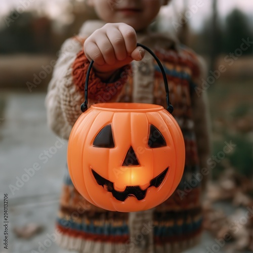 Close-up of a child's hand holding a small lit plastic trick-or-treat pumpkin pail