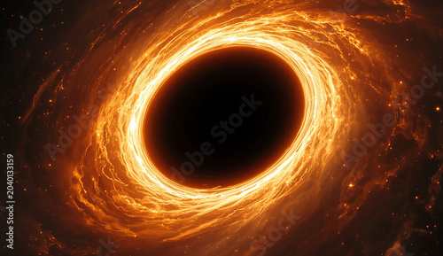 A black hole is depicted in this image, showcasing its dark center surrounded by a glowing accretion disk. is depicted in this image, showcasing its dark center surrounded by a glowing accretion disk.