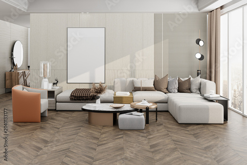 Front view 3D render of a luxury contemporary living room interior with dark chevron wooden flooring, a large modular sofa, a blank poster frame mockup, and an elegant accent chair.