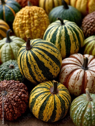Close-up of a collection of differently textured gourds (bumpy, smooth, striped) arranged in a tight, pleasing pattern