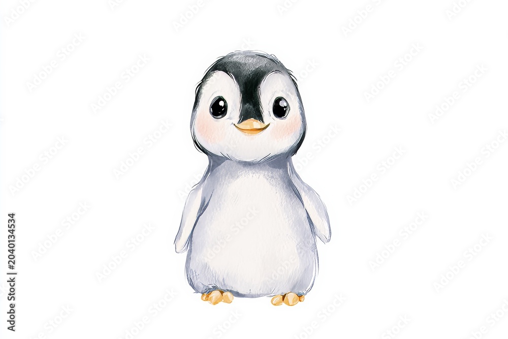 Obraz premium Cute baby penguin stands alone on a white background looking directly at the viewer with a friendly expression