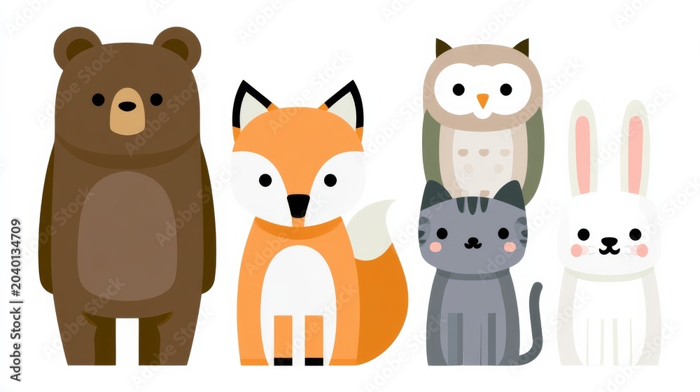 Fototapeta premium Cute animal characters standing together in a row with a variety of colors and shapes