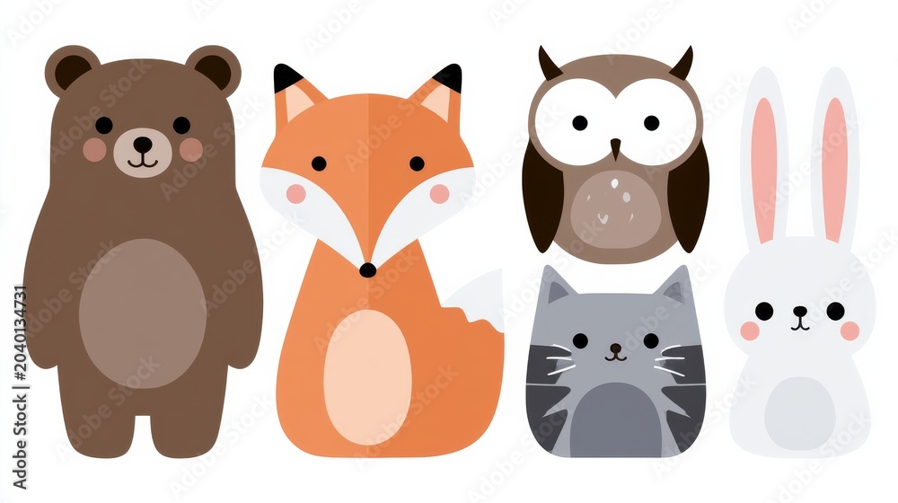 Fototapeta premium Five cute animal characters stand in a line, featuring a bear, fox, owl, rabbit, and cat on a white background